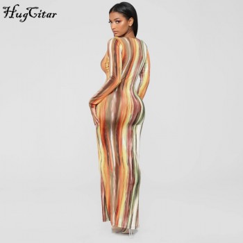 Hugcitar 2020 long sleeve colorful print V-neck bodycon long dress spring women new fashion streetwear party elegant outfits